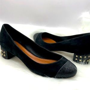 SCHUTZ Suede Spiked Block Heel Slide-On with Glitter Toe in Black, Women Size 8